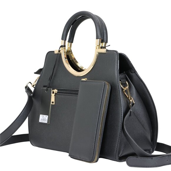 Black Faux Leather Purse and Wallet 2 in 1 Set Tote Cross Body Shoulder Hand Bag - Picture 3 of 9